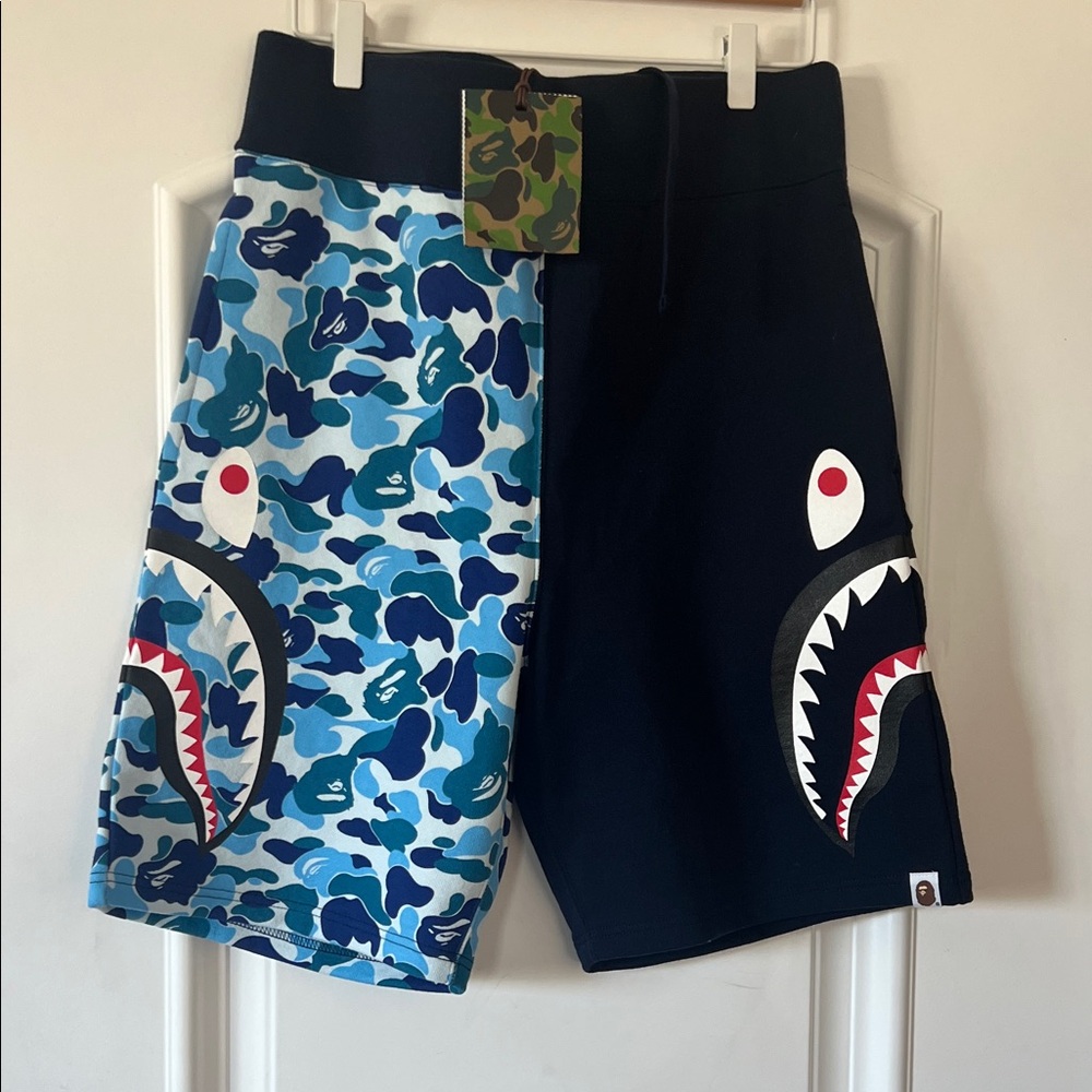BAPE Blue and Black Shark Print Shorts